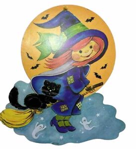 Vintage Halloween Sweet Smiling Witch Die Cut - Broom Cats Bat and Moon Die Cut