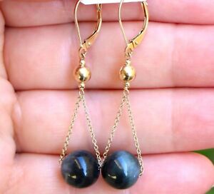 14K Solid Yellow Gold Dangle Earrings With Natural Blue Tiger's Eye Stones