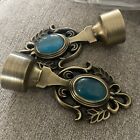 2 Turquoise Glass Curtain Rod Finials 1 inch Rod  Brushed Brass 6 Sets Available