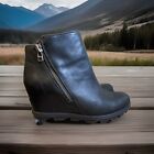 Sorel Women's Sz 9.5 Joan Of Arctic Wedge II Zip Black Leather Boots NL3364-010