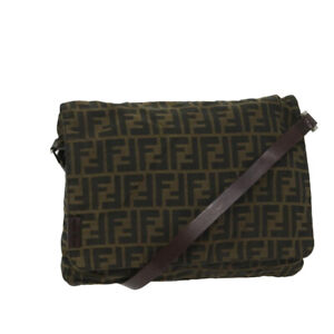 FENDI Zucca Canvas Shoulder Bag Black Brown Auth yk10938