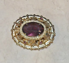 Vintage Coro Oval Glass Brown Filigree Rhinestone Goldtone Brooch Estate Jewelry