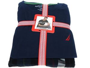 Nautica Men's 100% Cotton Pajama Pant and T-Shirt Set Navy Blue Plaid Size L