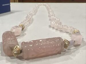 Vintage Pink Rose Quartz Beaded Chinese Carved Pendant Necklace 30” Gold plated