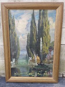 Great Large Antique Italian Cypress Trees ￼& Fountain Impressionist Oil Painting