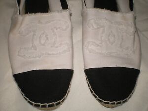 CHANEL Spain White Black Canvas Cap Toe Espadrilles Slip On Shoes Flats 37