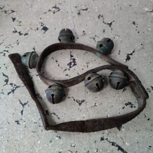 Antique Brass Jingle Sleigh Bells on a Primitive Leather Strap 6 Bells 26”