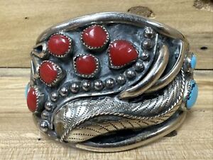 Old Indian Pawn Silver Tone Cuff Blue & Red Stone Ip314