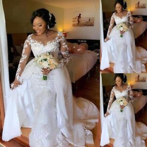 Detachable Train Wedding Dresses Mermaid Lace Appliques Long Sleeve Bridal Gown