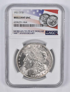 BU 1921-D Uncirculated Morgan Silver Dollar NGC 2021 Flag Lbl