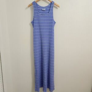 Fresh Produce Dress Womens Medium Blue White Striped Tank Maxi Ribbed Knit