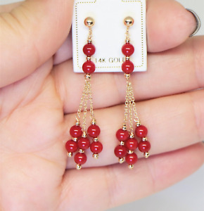 Stunning 14K Solid Yellow Gold Natural Red Coral Push Back Dangle Earrings