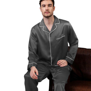Mens Silk Satin Pajamas - PJ Set Top and Bottom - Grey White Piping