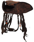 Adult Distressed Brown Carribean Pirate Costume TriCorn Hat w/ Beaded Dreadlocks