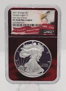 2021 W PROOF SILVER EAGLE NGC PF70 ULTRA CAMEO FIRST DAY OF ISSUE T1 RED FOIL
