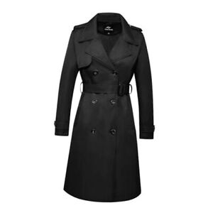 Women's Long Trenchcoat Double Breasted Trench Coat Medium Black Velvet Lined