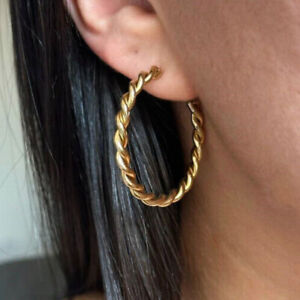 Gold Tone Minimalist Twisted Hoop Earrings Stainless Steel Golden Hoops
