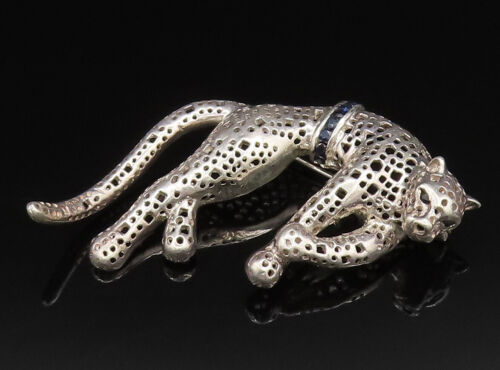925 Silver - Vintage Openwork Panther Cat Sapphire Collar Brooch Pin - BP9780