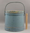 Large Antique New England Primitive Wood Firkin Bucket Old Blue Paint NO RESERVE