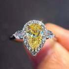 2Ct Pear Cut Yellow Citrine Diamond Halo Engagement Ring 14K White Gold Finish