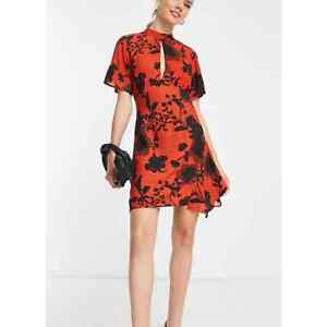 ASOS Women's Red/BlackFloral Keyhole Short Sleeve Mini Dress High Neck 2 NWOT
