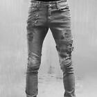Men's Biker Pants Fashion Buckle Punk Skinny Ripped Jeans Casual Denim Trousers