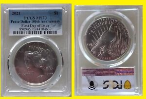 2021 Peace Silver Dollar PCGS MS 70 FIRST DAY issue RARE blue Morgan label