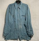 Tulliano Button Shirt Silk Teal Blue Long Sleeve Mens Large Collar Pocket