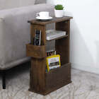 Burnt Wood End Table with Magazine Holder, Shelf and Remote Control Holder Rack
