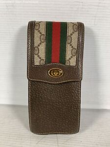 Gucci Mens Beige Brown GG Canvas Pebbled Leather Italy Snap Small Phone Bag COA