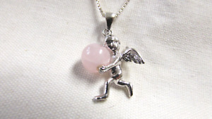 Vintage Sterling Silver Necklace 925 Angel Pendant W/ Rose Quartz Gemstone