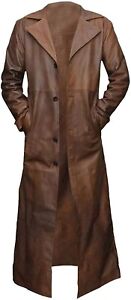 German WW2 Brown Distressed Officer Military Uniform Long Leather Trench Coat