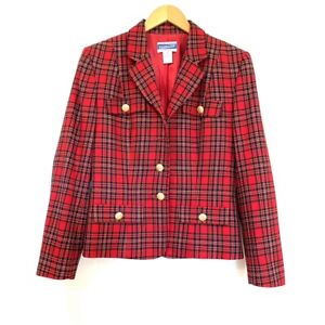 Pendleton Red Black Tartan Plaid Blazer Jacket Coat Vintage Gold Buttons Wool