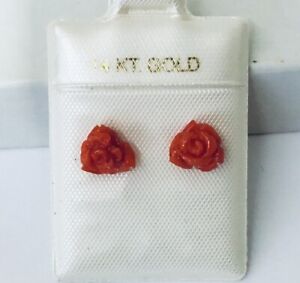Small 14K Gold Genuine Natural Aka Red Coral Hand Carved Rose Stud Earrings NEW