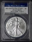 2021-(W) T-1 American Silver Eagle PCGS MS70 FDOI West Point Label ✪COINGIANTS✪