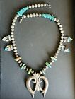 VINTAGE ZUNI  STERLING SILVER TURQUOISE SQUASH BLOSSOM NECKLACE RARE WITH INLAY