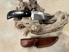 Large  High Carbon Hunting knife w/Black horn stocks in handmade leather sheath