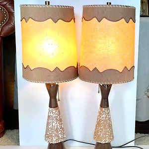 PAIR MID-CENTURY COCOA BROWN CERAMIC TABLE LAMPS AND ORIGINAL FIBERGLASS SHADES
