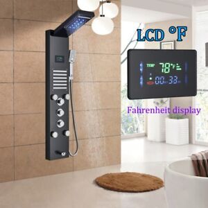 Black LED Shower Panel Tower System Rain&Waterfall Massage Jet W/Hand Shower