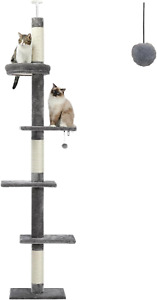 Adjustable Cat Tower - 5-Tier Floor to Ceiling - Scratching Post, Cozy Bed, Ball
