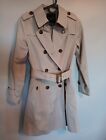 TALBOTS womans Petite Trench Coat Beig 3/4 Length Belted Button Metal Toggel