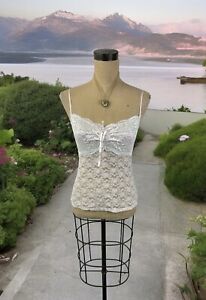 Pink White Lace Sheer Babydoll Crop Camisole Tank Top Coquette Fairy Bow Cottage