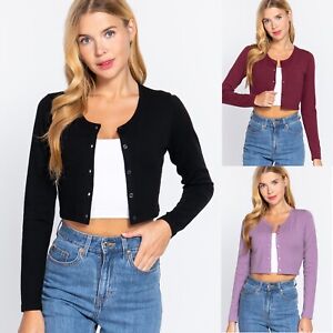 Women's Long Sleeve Round Neck Cropped Open Cardigan Buttons Viscose Sweater
