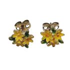 Vintage Gold Tone Small Painter Yellow Daisy Flower Cluster Pierced Earrings