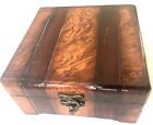 Wooden Jewelry Box Trinket Square Vintage Burled Wood Inlay Brass Hardware