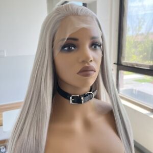 New ListingHD T Lace Front Wigs Synthetic Hair Long Straight Handtied Silver grey