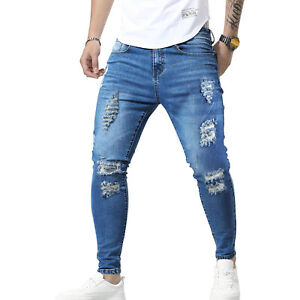 Mens Ripped Skinny Jeans Stretch Distressed Denim Pants Casual Slim Fit Trousers