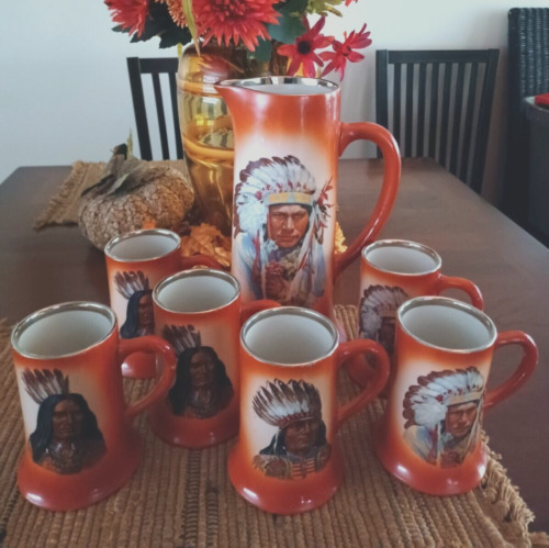 antique American Indian chiefs tankards and pitcher-set of 7