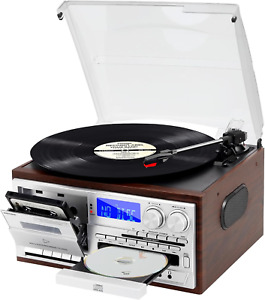 Record Player 3 Speed Bluetooth Vintage Turntable CD Cassette Vinyl AM/FM Radio