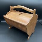 Vintage Wood Sewing Box Caddy Basket w/ Double Flip Top Doors Lid Handle